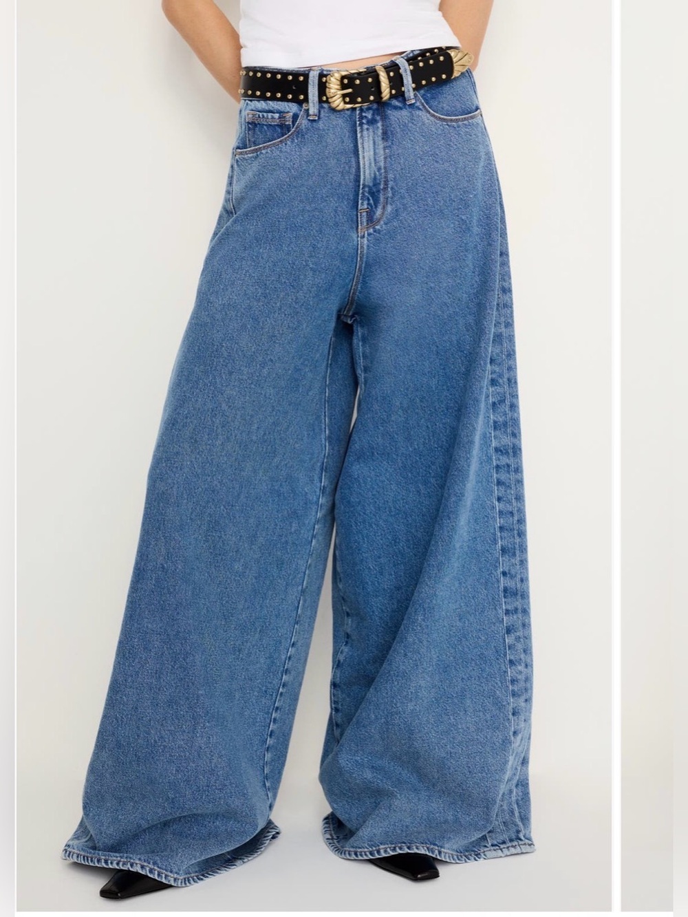 Good American Wide-Leg Paneled BaggyBlue Denim Jeans   Size 28/6